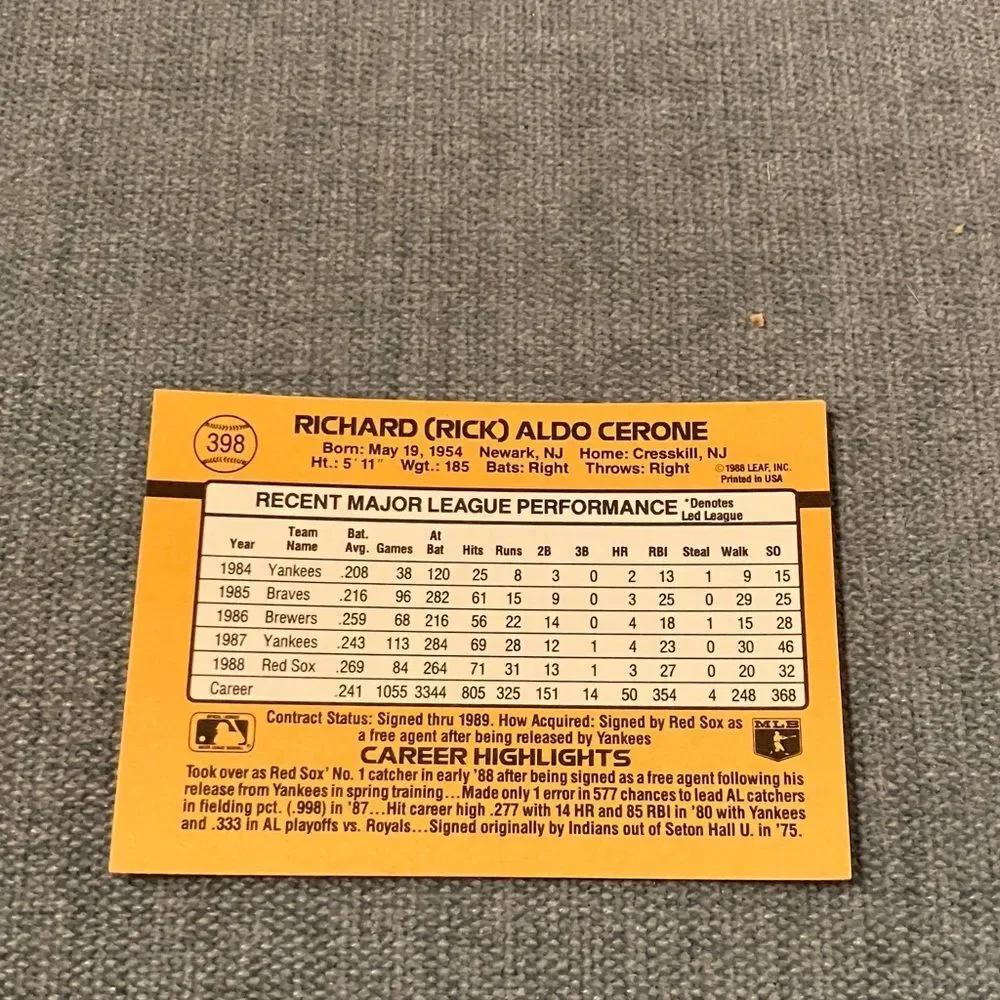1989 Donruss Boston Red Sox Baseball Card Trading Card